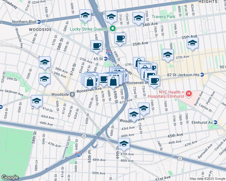 map of restaurants, bars, coffee shops, grocery stores, and more near 40-08 69th Street in Queens