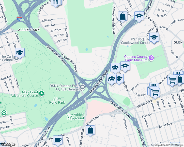 map of restaurants, bars, coffee shops, grocery stores, and more near 29 Oak Park Drive in Queens