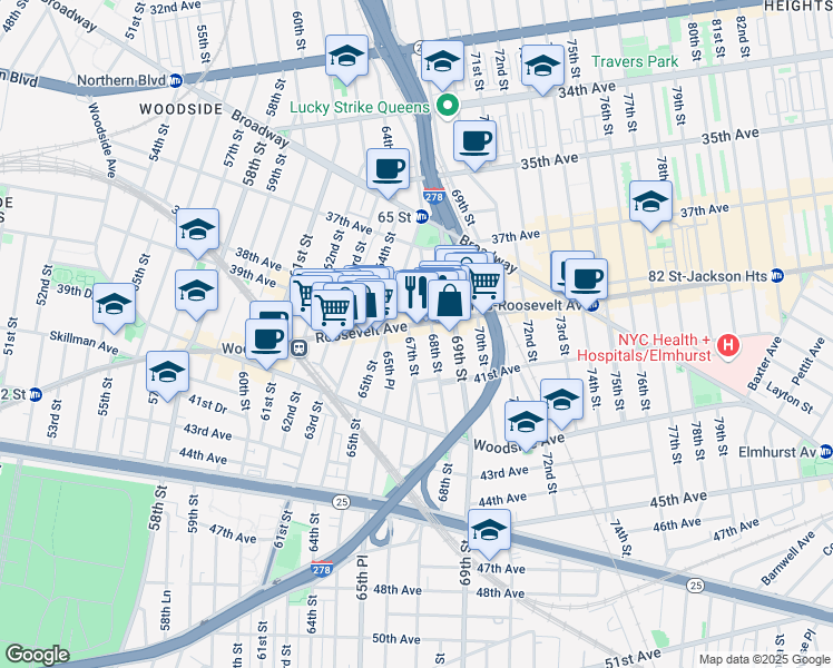 map of restaurants, bars, coffee shops, grocery stores, and more near 67-14 Roosevelt Avenue in Queens
