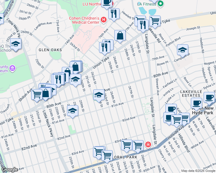 map of restaurants, bars, coffee shops, grocery stores, and more near 79-54 264th Street in Queens