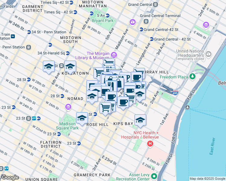 map of restaurants, bars, coffee shops, grocery stores, and more near 1 Park Avenue in New York