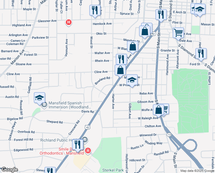 map of restaurants, bars, coffee shops, grocery stores, and more near 201 Saxton Road in Mansfield