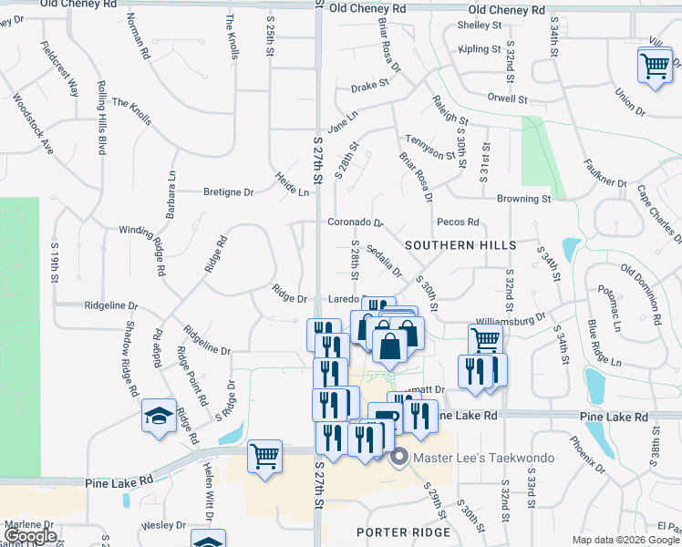 map of restaurants, bars, coffee shops, grocery stores, and more near 2729 Odessa Court in Lincoln