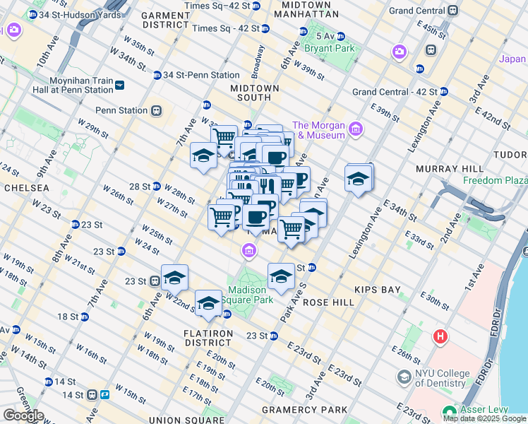 map of restaurants, bars, coffee shops, grocery stores, and more near 276 5th Avenue in New York