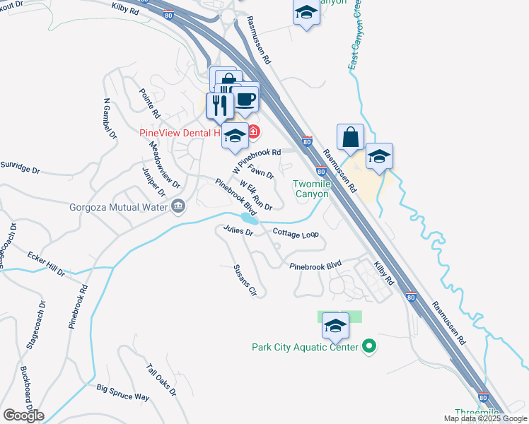 map of restaurants, bars, coffee shops, grocery stores, and more near 3065 West Elk Run Drive in Park City
