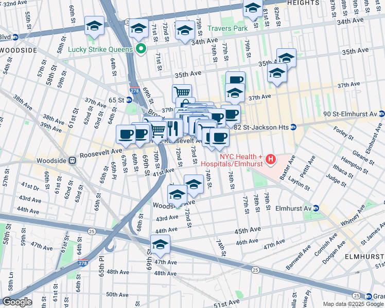 map of restaurants, bars, coffee shops, grocery stores, and more near 40-19 72nd Street in Queens