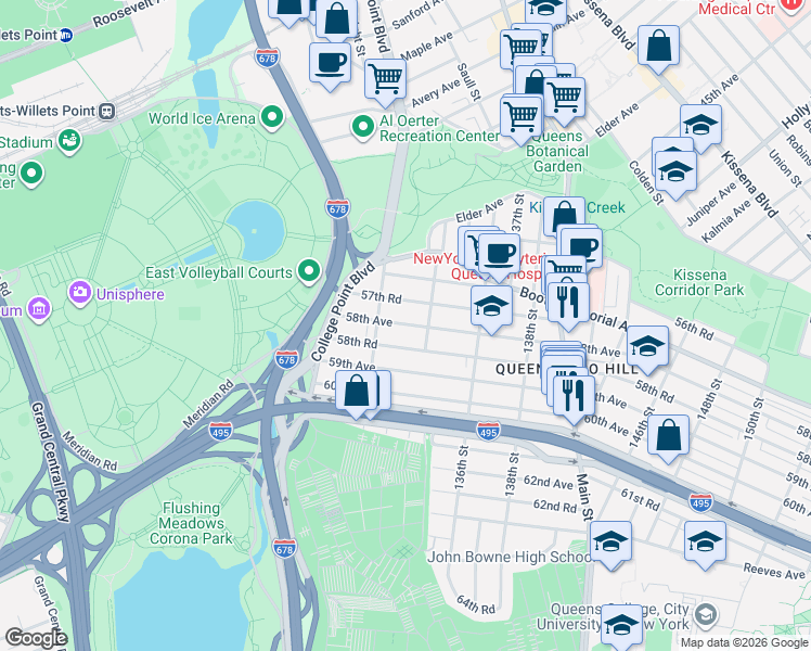 map of restaurants, bars, coffee shops, grocery stores, and more near in Queens