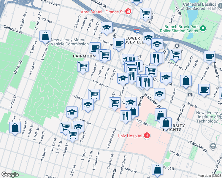 map of restaurants, bars, coffee shops, grocery stores, and more near 52 11th Avenue West in Newark