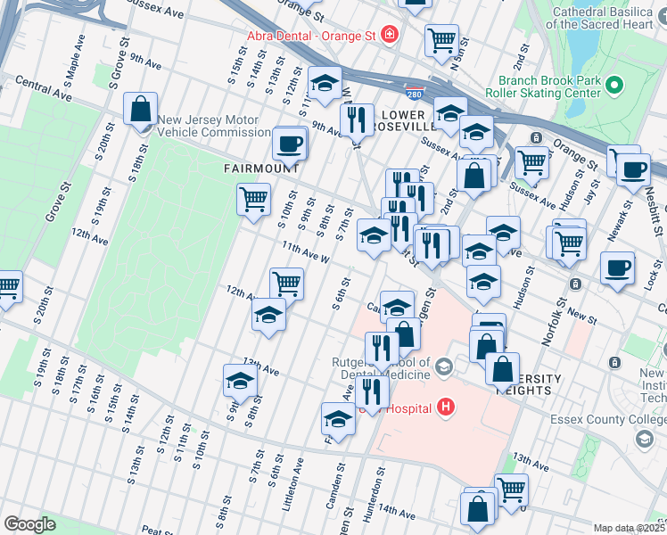 map of restaurants, bars, coffee shops, grocery stores, and more near 52 11th Avenue West in Newark