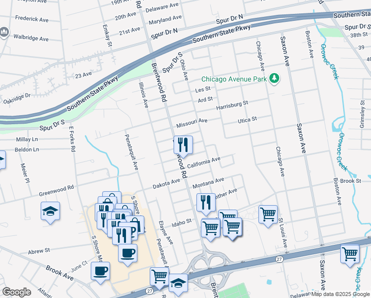 map of restaurants, bars, coffee shops, grocery stores, and more near 192 Texas Avenue in Bay Shore