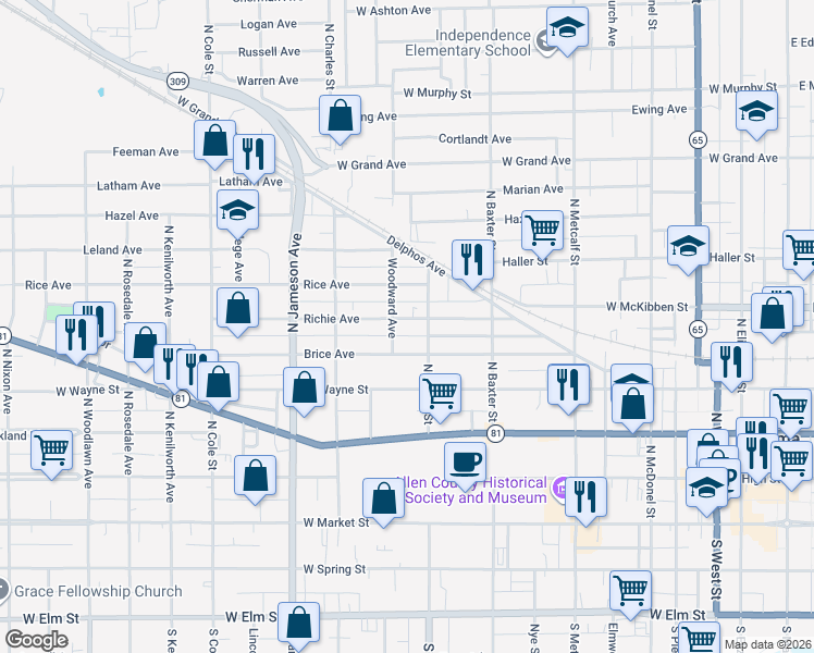 map of restaurants, bars, coffee shops, grocery stores, and more near 919 Richie Avenue in Lima