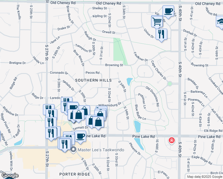 map of restaurants, bars, coffee shops, grocery stores, and more near 6526 South 32nd Street in Lincoln