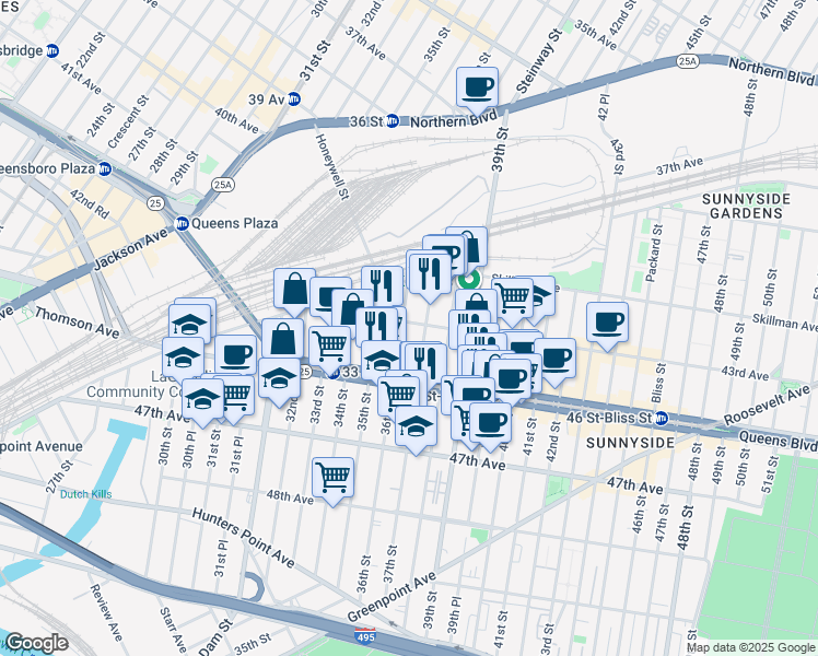 map of restaurants, bars, coffee shops, grocery stores, and more near 35-04 43rd Avenue in Queens