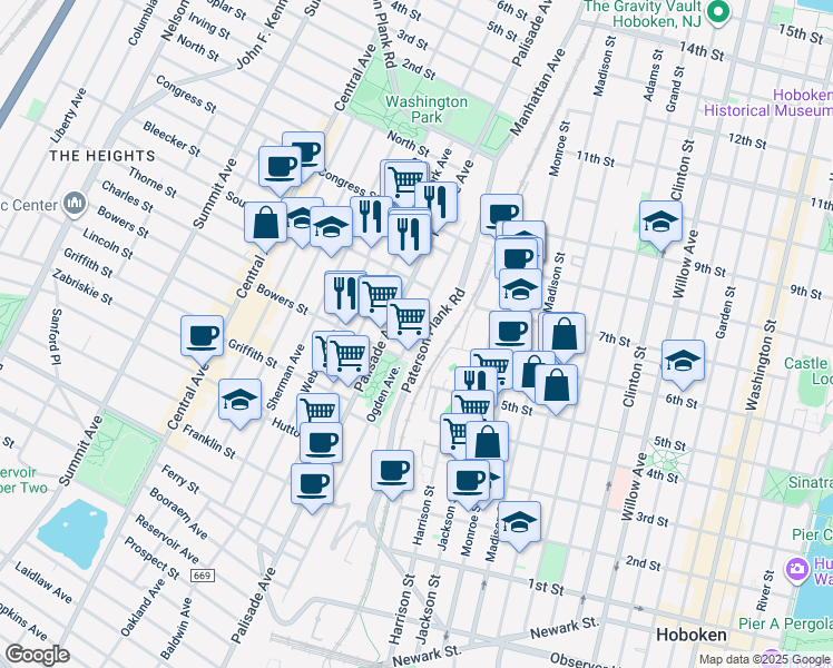 map of restaurants, bars, coffee shops, grocery stores, and more near 354 Ogden Avenue in Jersey City
