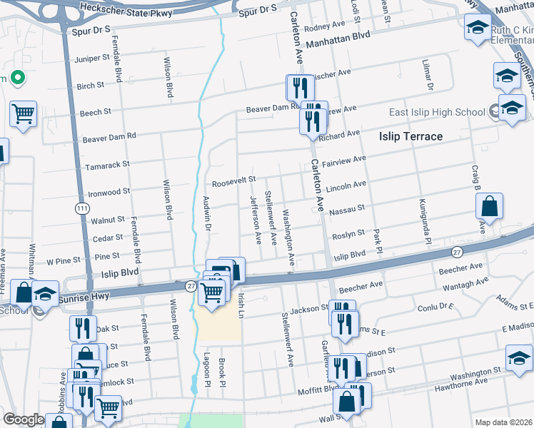 map of restaurants, bars, coffee shops, grocery stores, and more near 82 Stellenwerf Avenue in Islip Terrace