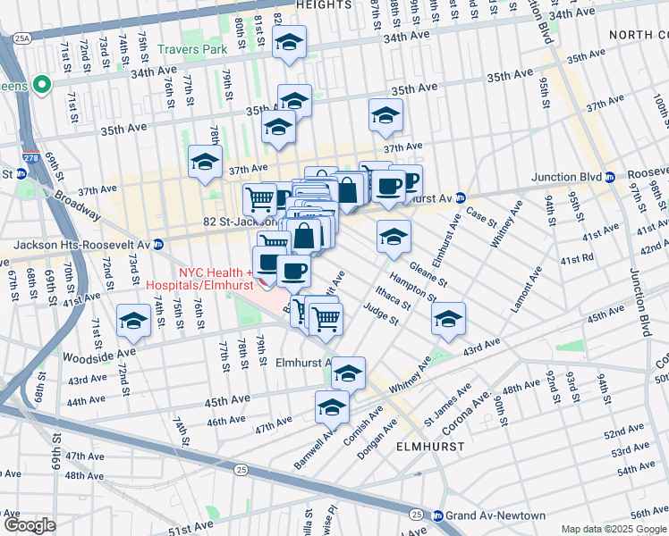 map of restaurants, bars, coffee shops, grocery stores, and more near 40-30 Ithaca Street in Queens