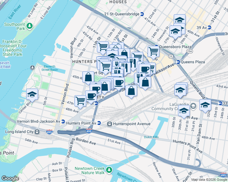 map of restaurants, bars, coffee shops, grocery stores, and more near 45th Road in Queens