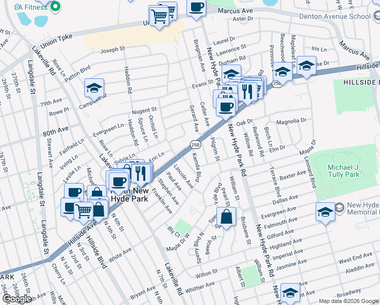 map of restaurants, bars, coffee shops, grocery stores, and more near 1414 Hillside Avenue in New Hyde Park