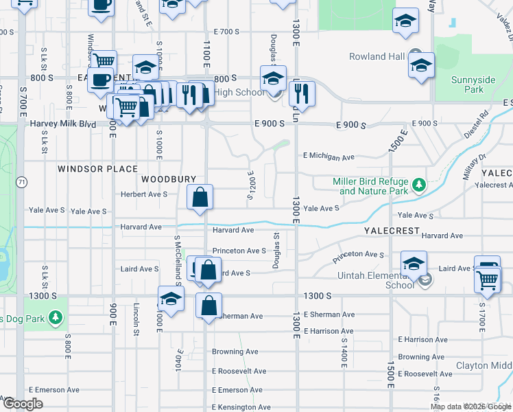 map of restaurants, bars, coffee shops, grocery stores, and more near 1205 Yale Avenue South in Salt Lake City