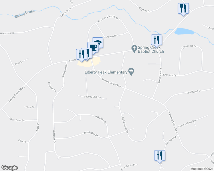 map of restaurants, bars, coffee shops, grocery stores, and more near 255 Country Club Parkway in Spring Creek