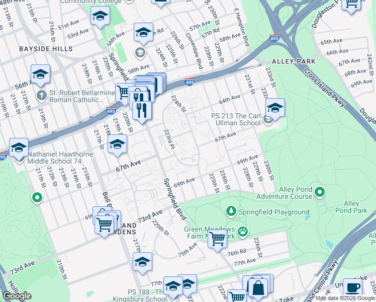 map of restaurants, bars, coffee shops, grocery stores, and more near 67-14 224 Street in Queens