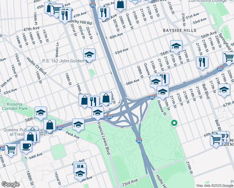 map of restaurants, bars, coffee shops, grocery stores, and more near 5820 Clearview Expressway Service Road in Queens
