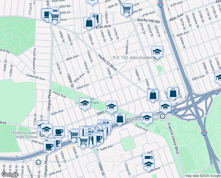 map of restaurants, bars, coffee shops, grocery stores, and more near 53-44 195th Street in Queens
