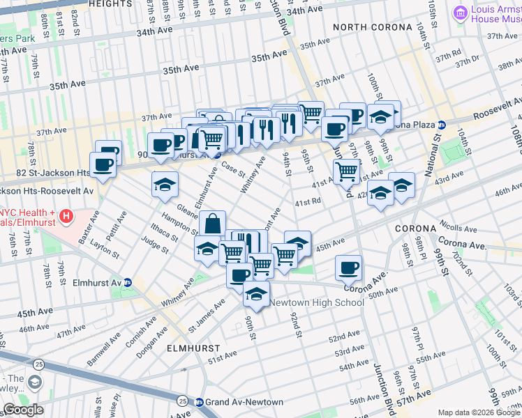 map of restaurants, bars, coffee shops, grocery stores, and more near 41-41 Denman Street in Queens