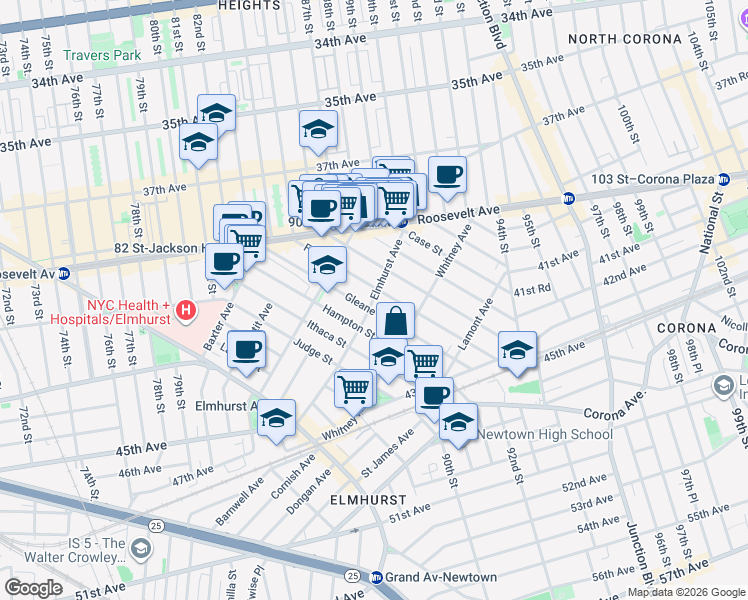 map of restaurants, bars, coffee shops, grocery stores, and more near 88-11 Elmhurst Avenue in Queens