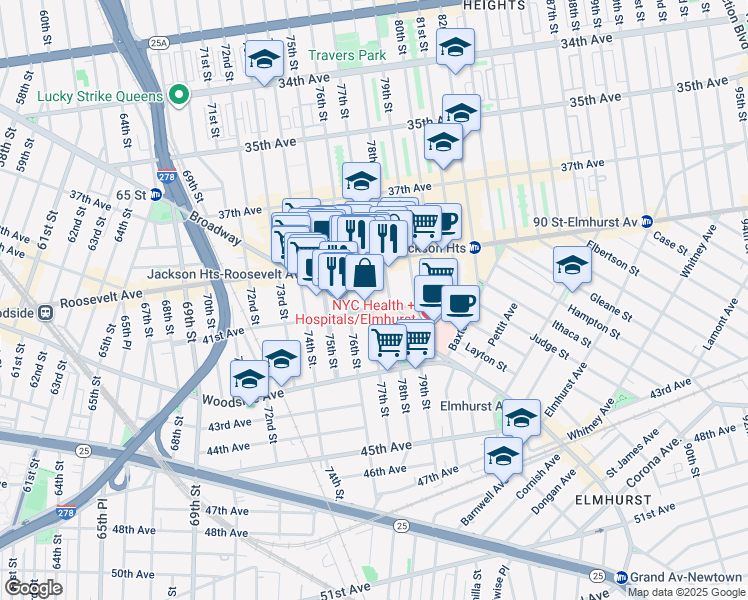 map of restaurants, bars, coffee shops, grocery stores, and more near in Queens