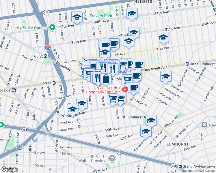 map of restaurants, bars, coffee shops, grocery stores, and more near in Queens