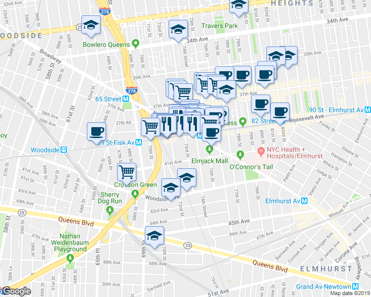map of restaurants, bars, coffee shops, grocery stores, and more near 40-19 72nd Street in Queens