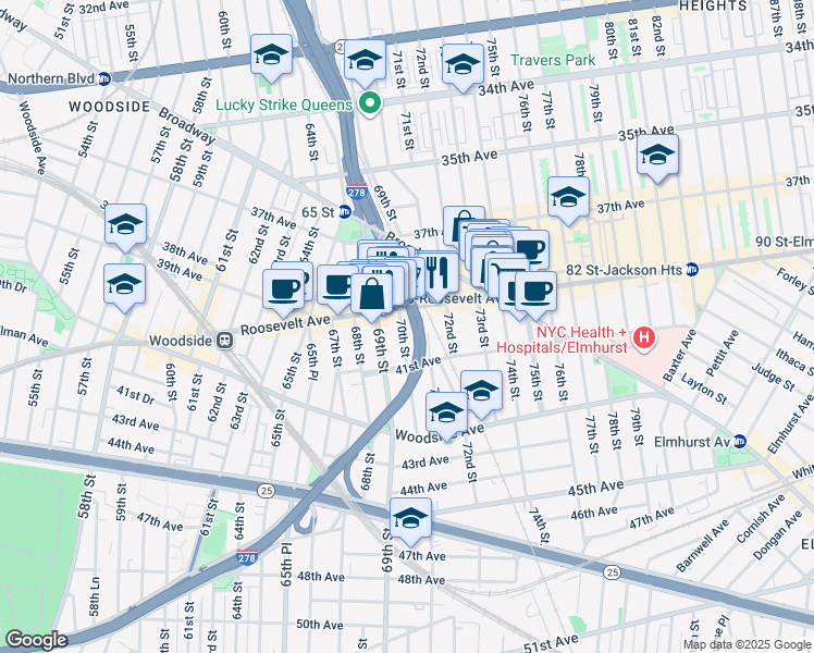 map of restaurants, bars, coffee shops, grocery stores, and more near 40-15 70th Street in Queens