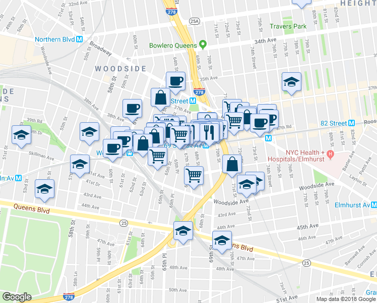 map of restaurants, bars, coffee shops, grocery stores, and more near 6527 Roosevelt Avenue in Queens