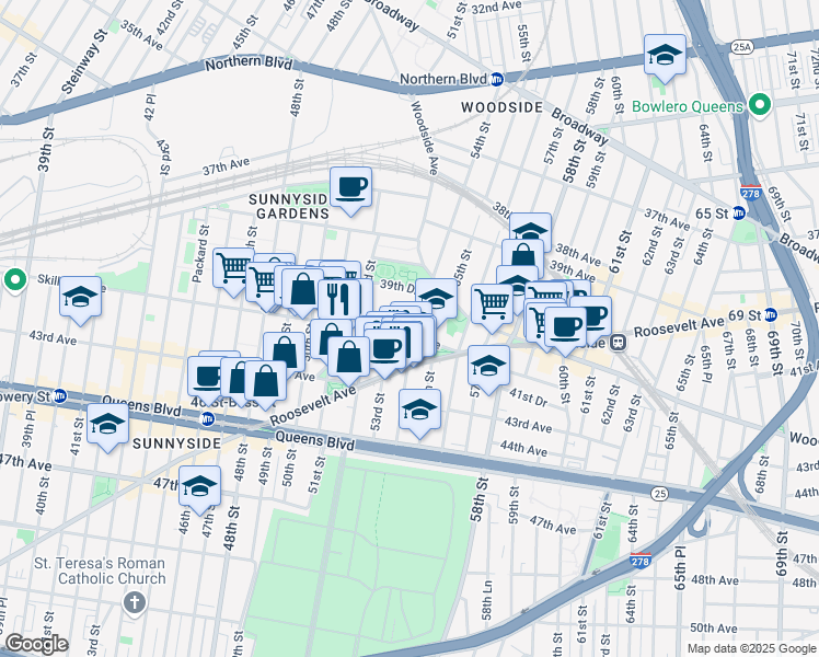map of restaurants, bars, coffee shops, grocery stores, and more near 53-03 Skillman Avenue in Queens