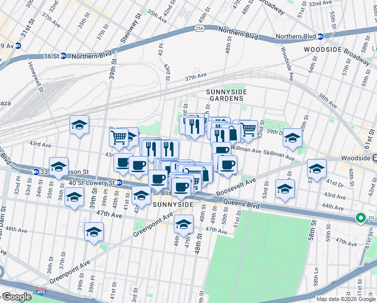 map of restaurants, bars, coffee shops, grocery stores, and more near 4120 46th Street in Queens