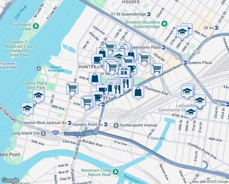 map of restaurants, bars, coffee shops, grocery stores, and more near 21-21 46th Avenue in Queens