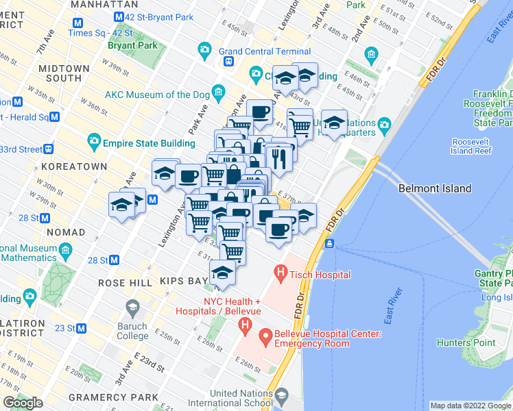map of restaurants, bars, coffee shops, grocery stores, and more near 649 2nd Avenue in New York