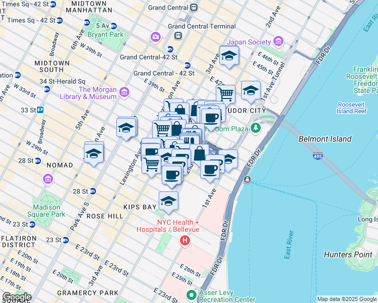 map of restaurants, bars, coffee shops, grocery stores, and more near 649 2nd Avenue in New York