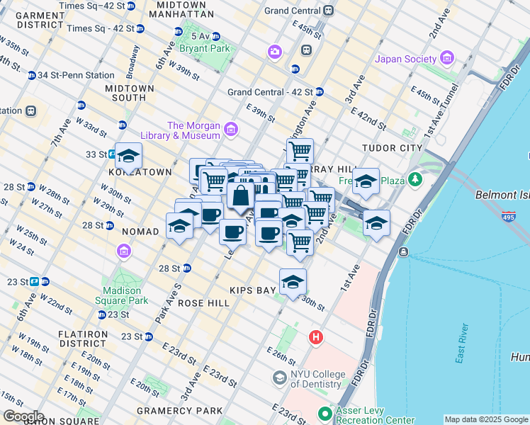 map of restaurants, bars, coffee shops, grocery stores, and more near 225 Lexington Avenue in New York