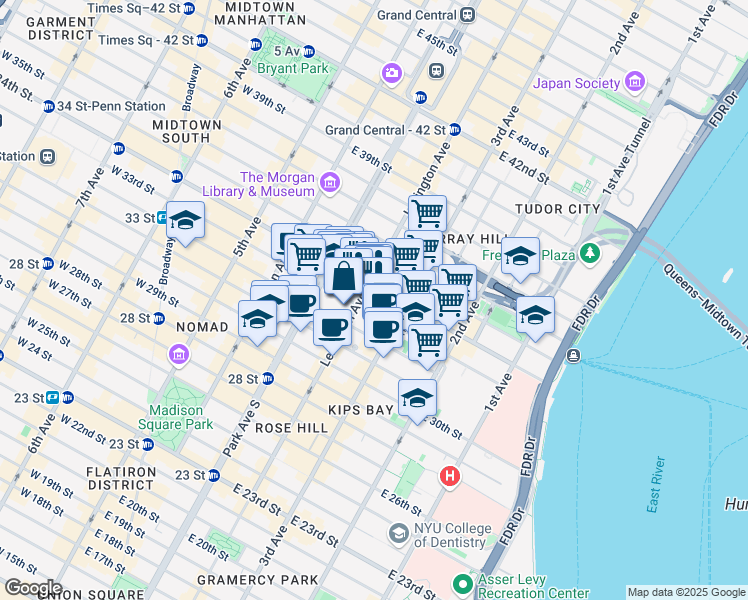 map of restaurants, bars, coffee shops, grocery stores, and more near 225 Lexington Avenue in New York
