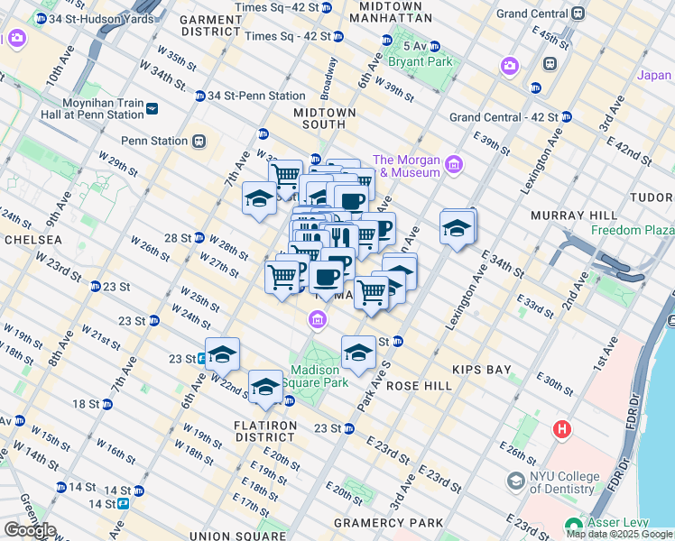 map of restaurants, bars, coffee shops, grocery stores, and more near 16 West 29th Street in New York