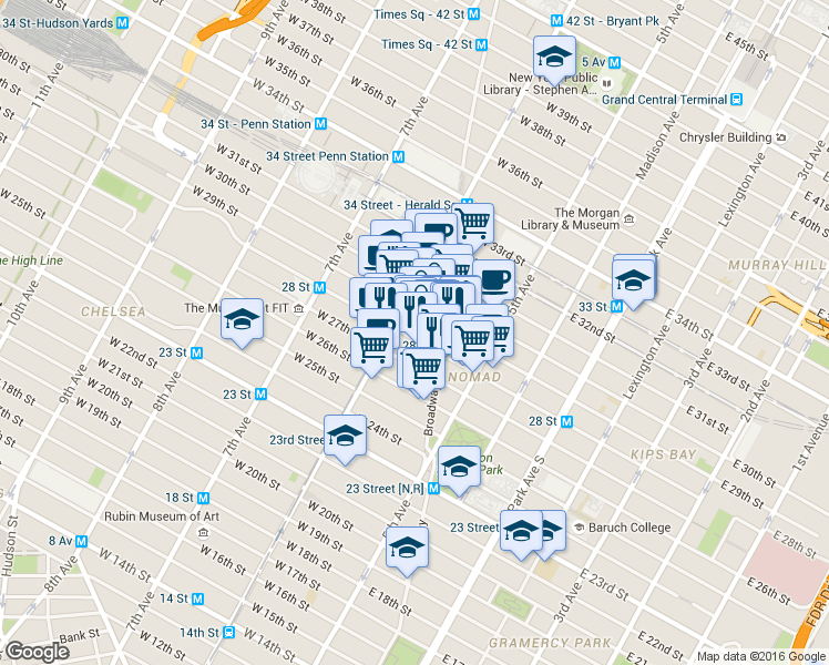 map of restaurants, bars, coffee shops, grocery stores, and more near 1223 Broadway in New York