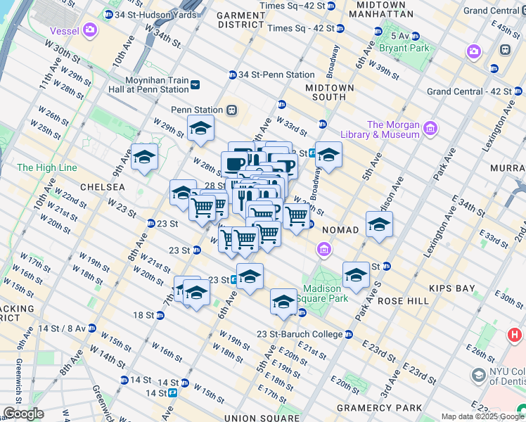 map of restaurants, bars, coffee shops, grocery stores, and more near 121 West 27th Street in New York