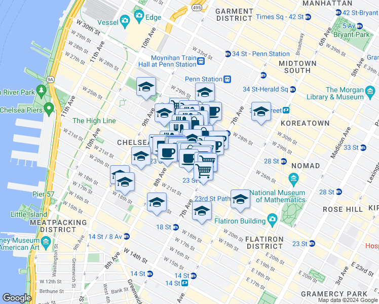 map of restaurants, bars, coffee shops, grocery stores, and more near 231 West 24th Street in New York