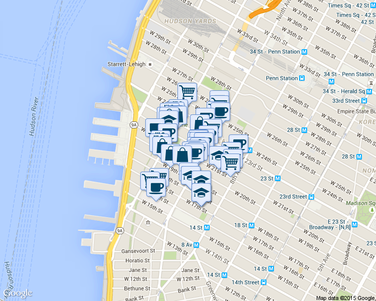 map of restaurants, bars, coffee shops, grocery stores, and more near 445 West 21st Street in New York