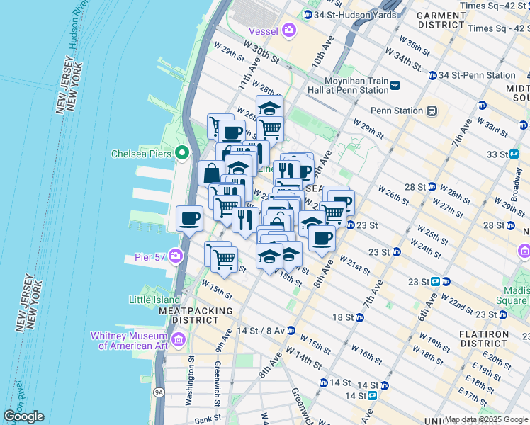 map of restaurants, bars, coffee shops, grocery stores, and more near 445 West 21st Street in New York