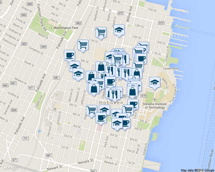 map of restaurants, bars, coffee shops, grocery stores, and more near 712 Willow Avenue in Hoboken