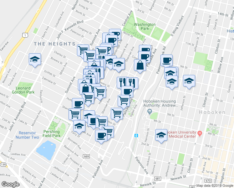 map of restaurants, bars, coffee shops, grocery stores, and more near 154 Sherman Avenue in Jersey City