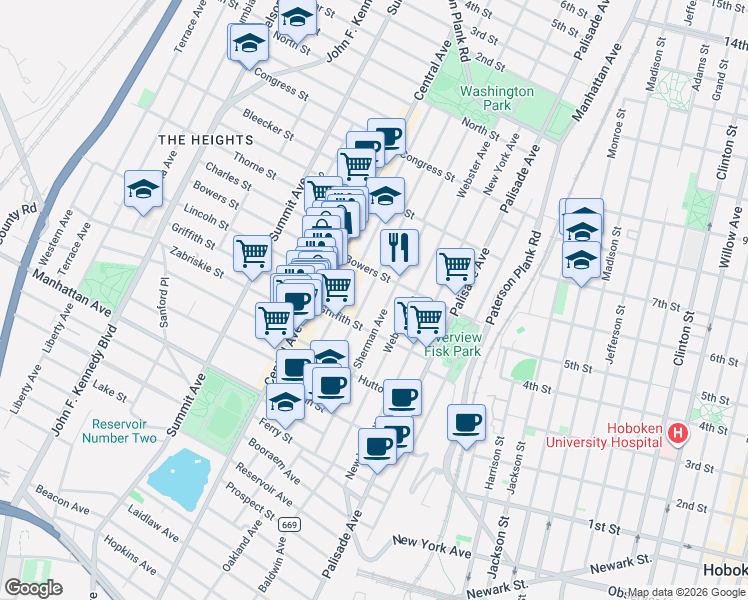 map of restaurants, bars, coffee shops, grocery stores, and more near 95 Hancock Avenue in Jersey City